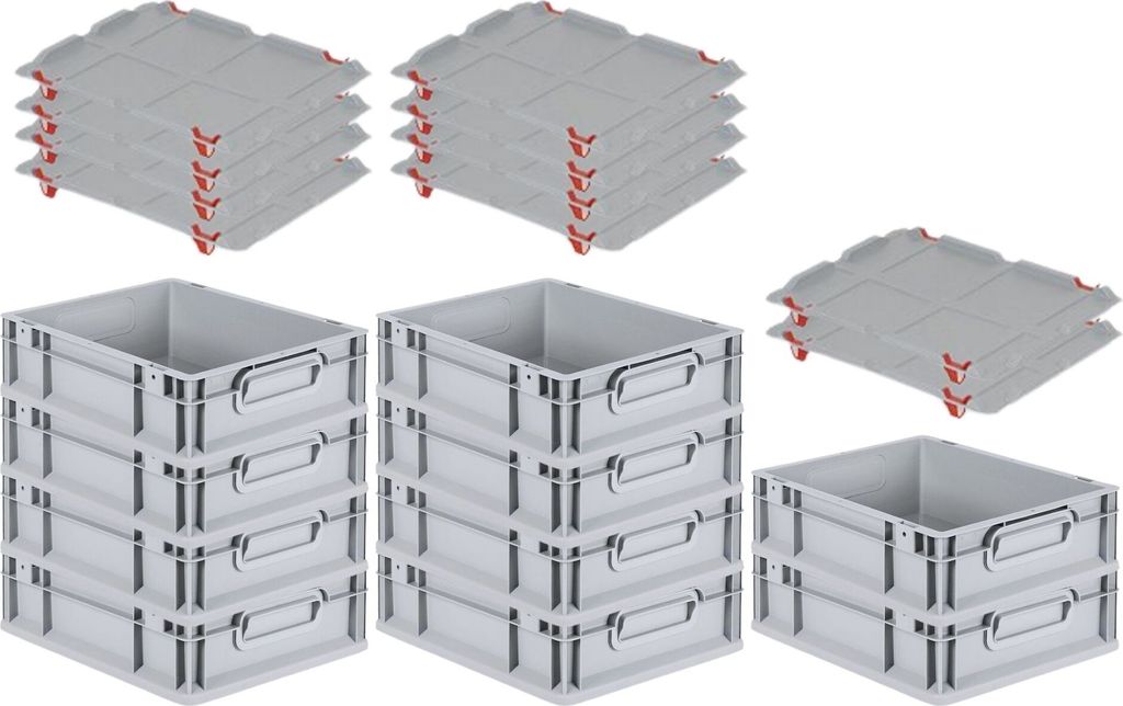 SparSet 10x Eurobox NextGen Grip mit Auflagedeckel inkl. 4 roten Schiebeschnappverschlüssen | HxBxT 12x30x40cm | 11 Liter | Griffe geschlossen | G...