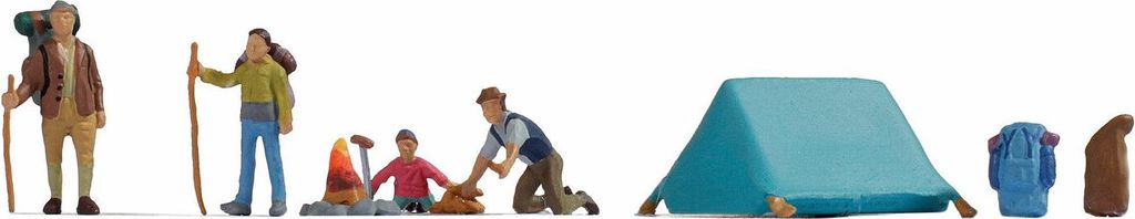 NOCH Camping Set Figuren, ideal für Dioramen, Maßstab 1:160 für die Spur N, perfekt für Szenen mit Lagerfeuer und Zelt