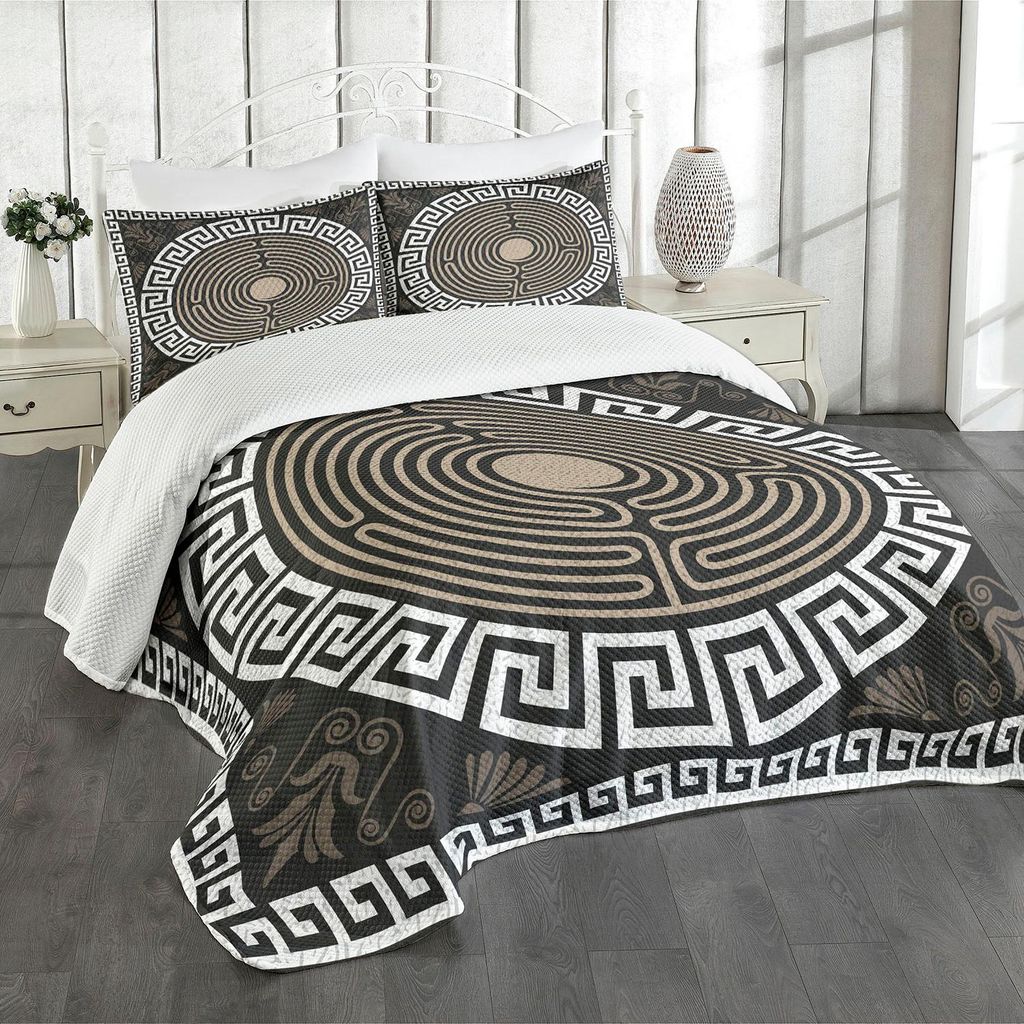 ABAKUHAUS Greek Key Tagesdecke Set, Typisch Griechisch Wellen Wirbel Ornamente Muster, 220 x 220 cm, Dark Brown Coconut Tan