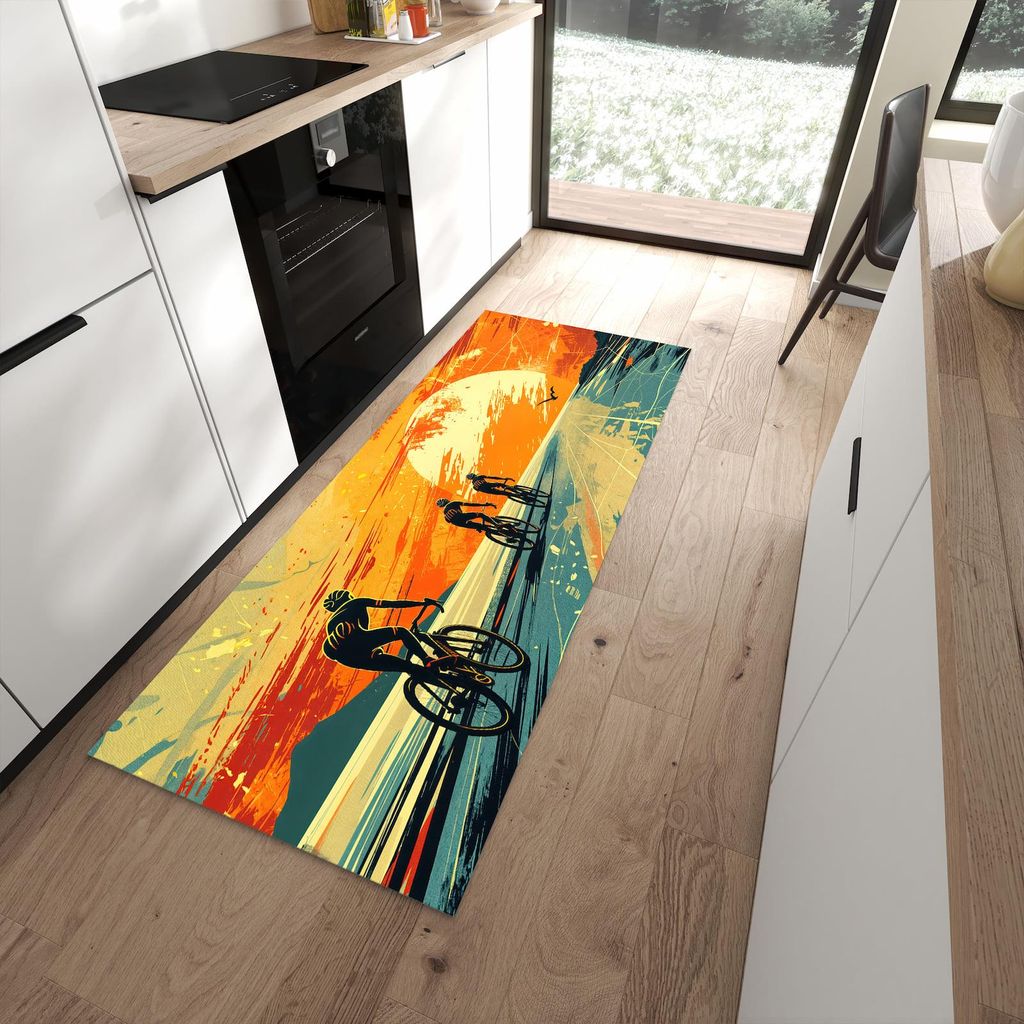 Küchenteppich 80x200cm rutschfest & abwischbar PVC Läufer - Radfahrer Sonnenuntergang