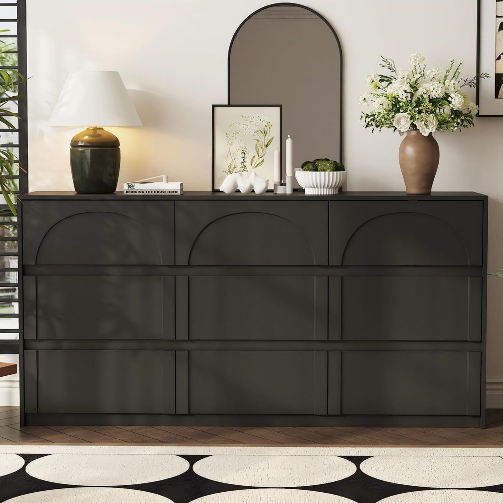 Kommode mit 9 Schubladen, Sideboard mit Geräuscharmen Führungen und Geschwungenen Türen, Griffloses Design, Schwarz, 160 × 80 × 35 cm