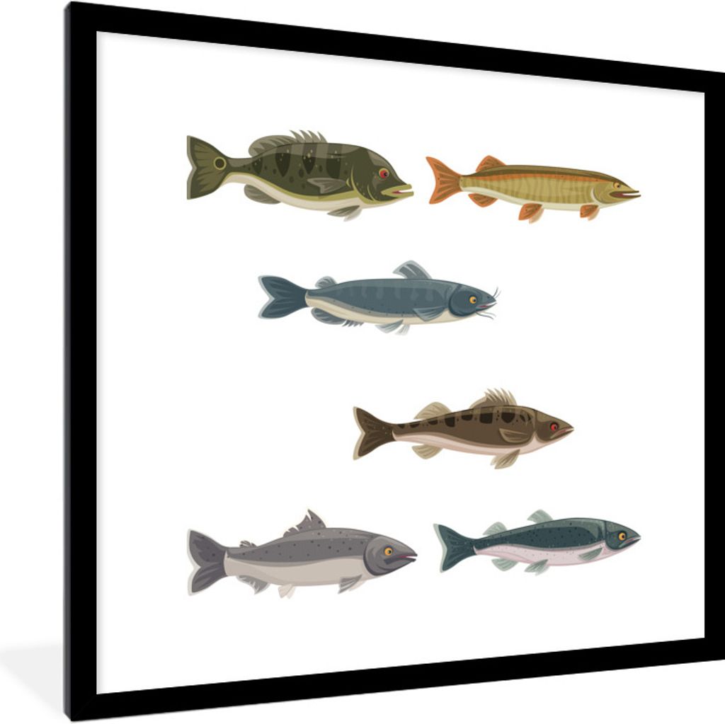 MuchoWow Gerahmtes Poster Eine Illustration von sechs farbigen Fischen 40x40 cm - Poster mit Schwarzem Bilderrahmen Wandposter Rahmen Foto Bilder...