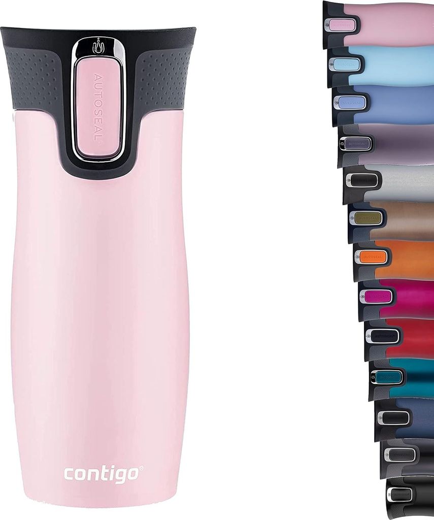 A pink Contigo travel mug is shown next to a vertical display of other colored travel mugs.