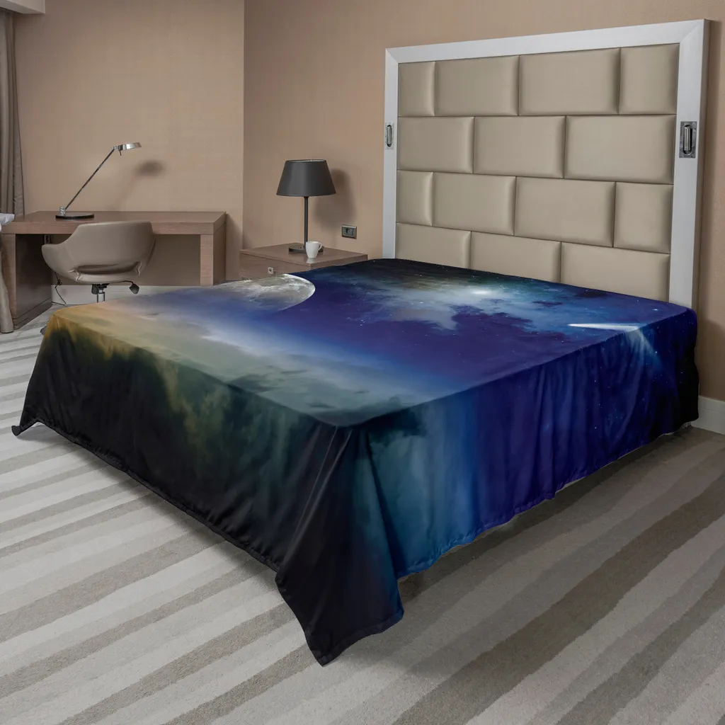 Drap plat pour lit décoratif thème astronomie, ciel sombre, 275x260 cm