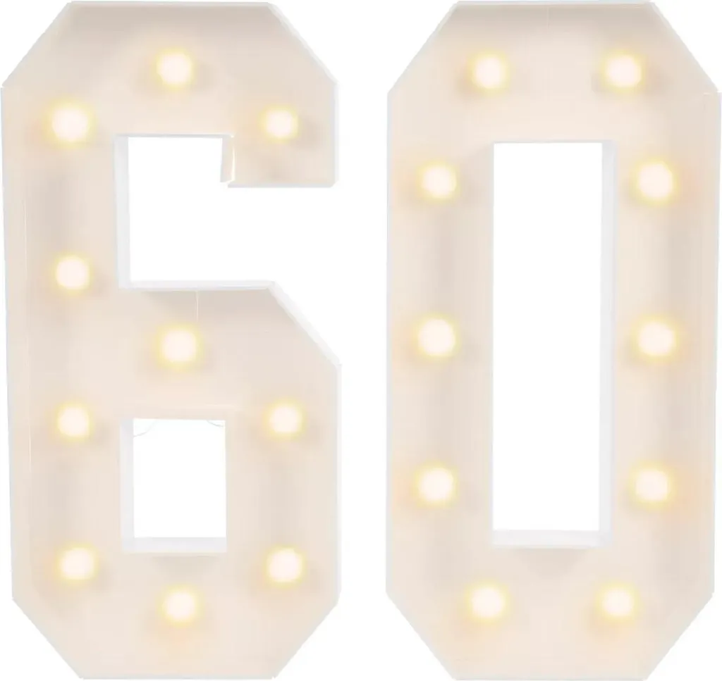 Décoration 60 Ans Lumineuse LED : Chiffres Plastique Blanc sans Fil
