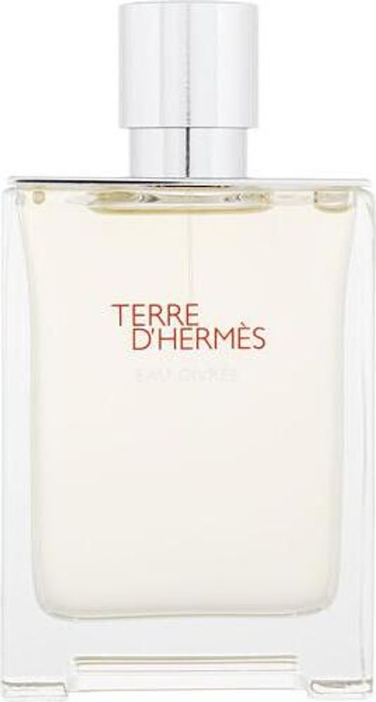 A clear, front-facing studio shot of a Hermès Terre d’Hermès Eau Givrée perfume bottle.