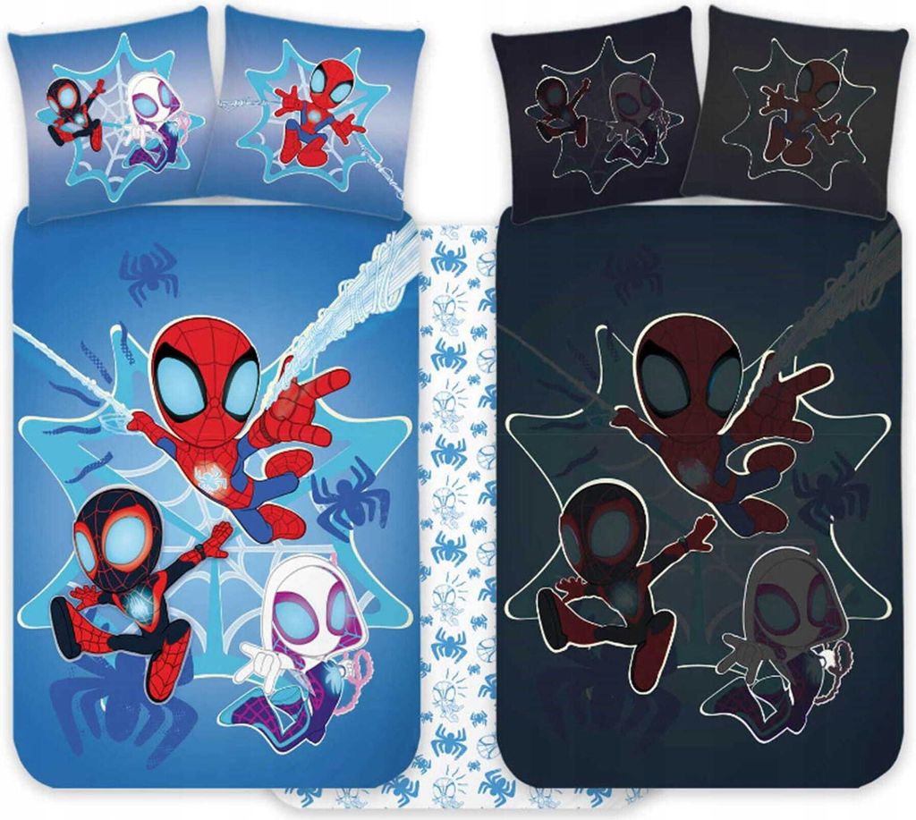 Marvel Spidey and His Amazing Friends Babybettwäsche, Spidey, Miles Morales & Ghost-Spider, Glow in the Dark, Kinderbettwäsche 100x135 + 40x60 cm...