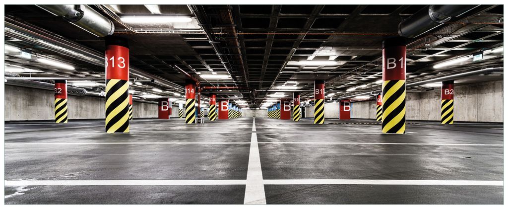 Wallario Wandbild aus Acryl, 125 x 50 cm, freischwebende Optik - Perspektive von unten leeres Parkhaus im Untergrund