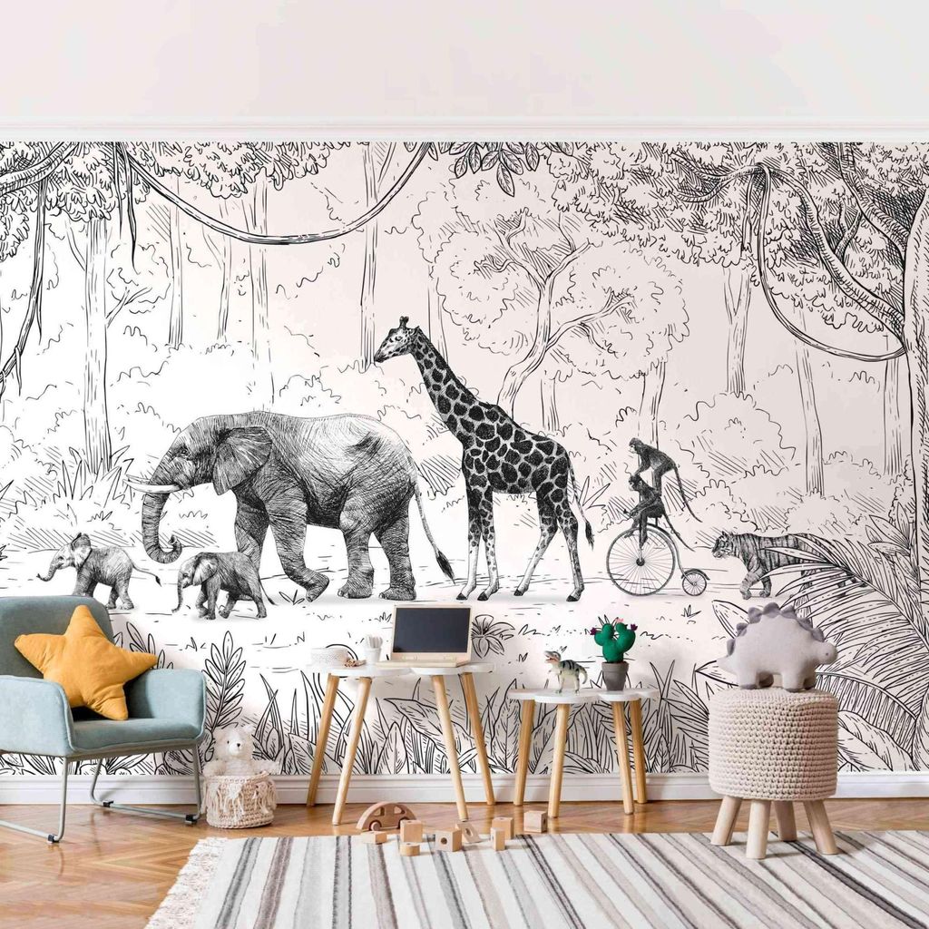 Fototapete Wald - Vliestapete - Bildtapete UV-beständig Dschungel schwarz weiss Tropisch Wandtapete geruchsfrei