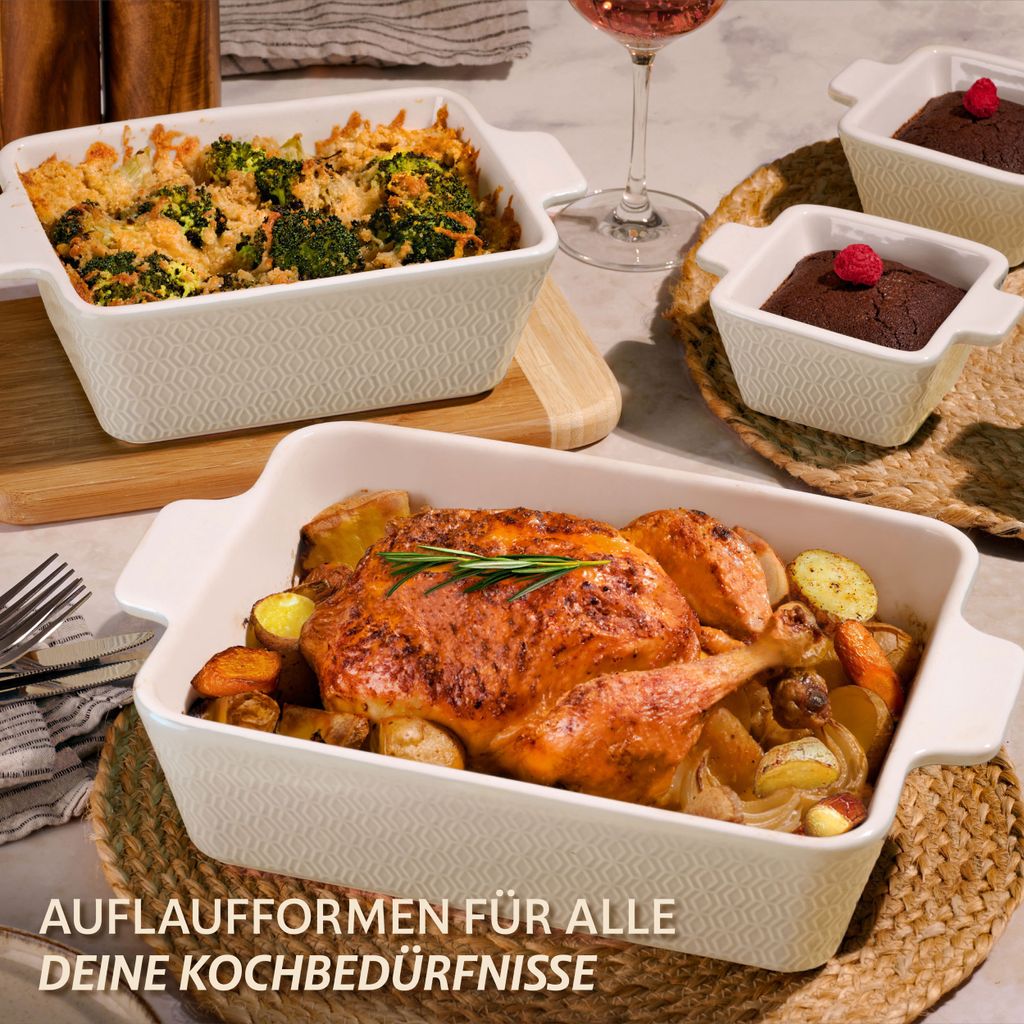 Relaxdays Auflaufform Set Aus Keramik – 3 Größen, Eckig, Spülmaschinenfest & Ofengeeignet, Grau/weiß