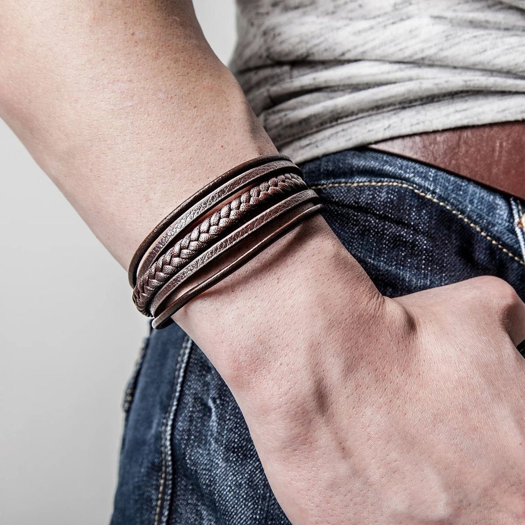 SERASAR | Pánsky Náramok z Pravej Kože [Braid] z Stainless Obrázok produktu 