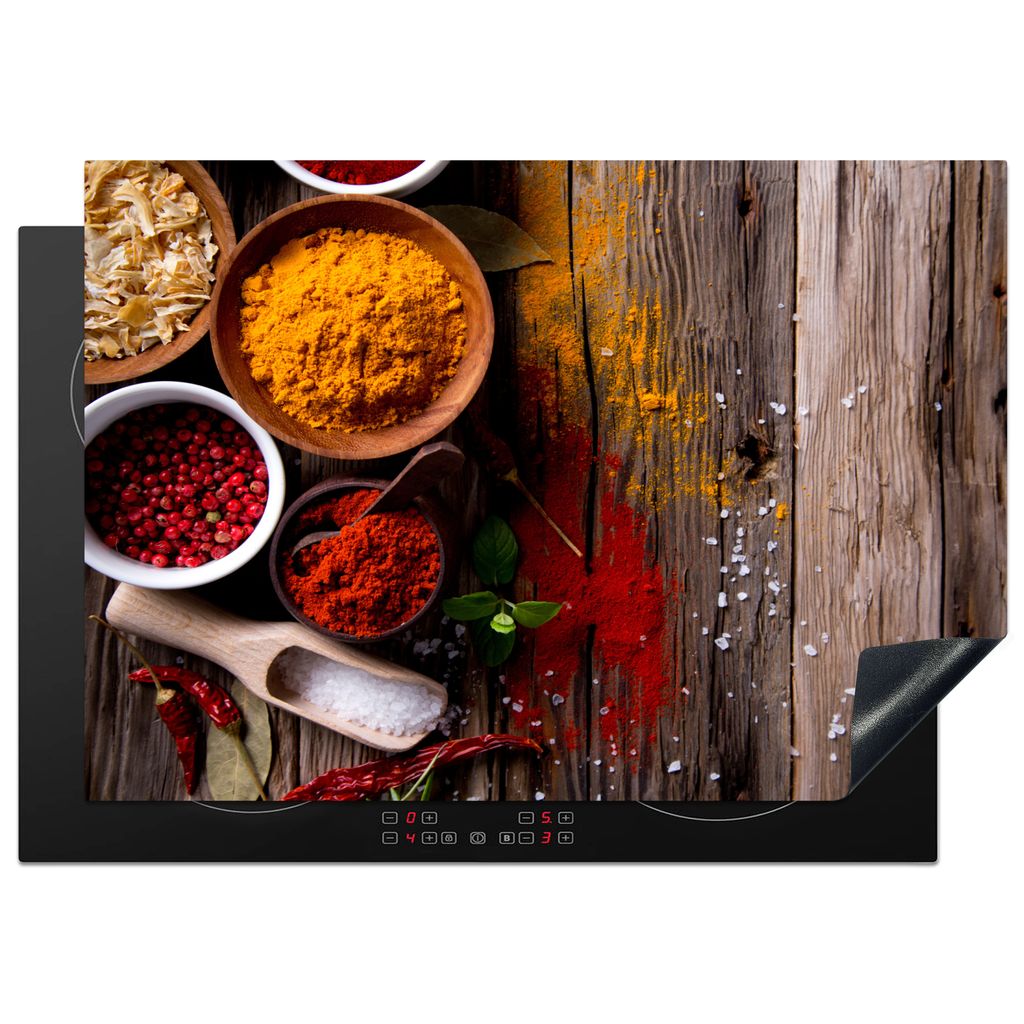 KitchenYeah Herdabdeckplatte Kräuter - Gewürze - Holz - Löffel - Braun , 75x52cm, Küche Deko, Glaskeramikkochfeld Herdabdeckung, Abdeckplatte...