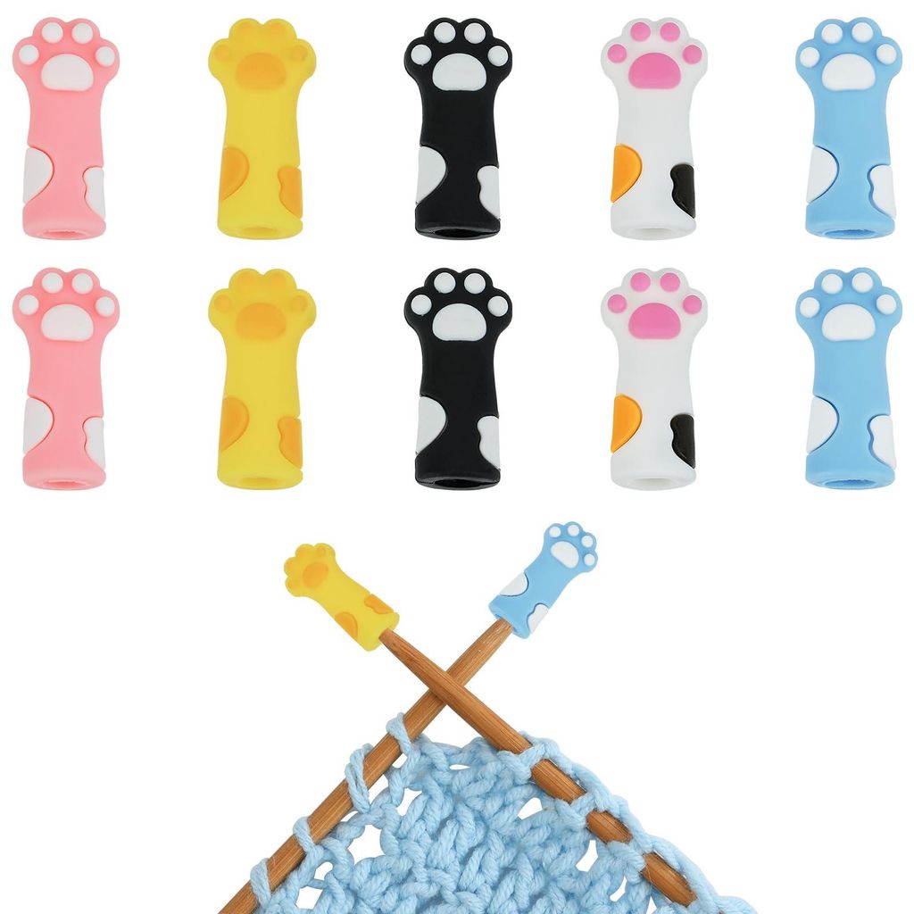 10 Stricknadelstopper, niedliche, katzenpfotenförmige Schutzkappen für Nadelspitzen, Silikonkappen zum Stricken, Basteln, Malen und Nähen