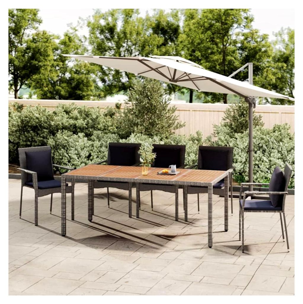 Gartentisch mit Holzplatte, Balkontisch, Terrassen Tisch, Terrassentisch, Esstisch Garten, Gartenmöbel, Gartenesstisch, Grau Poly Rattan & Massivh...