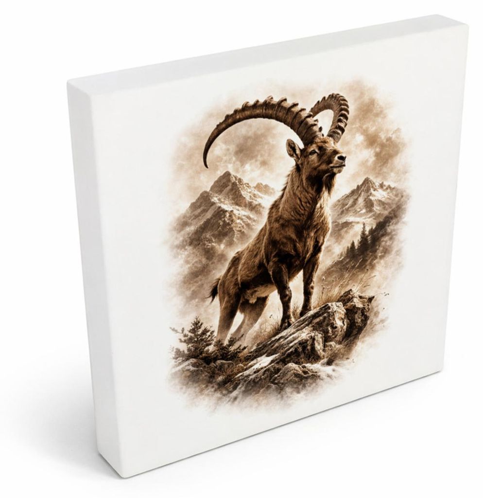 Wild and Free Steinbock Berge Holzbild in 10x10 cm zum Stellen oder Aufhängen