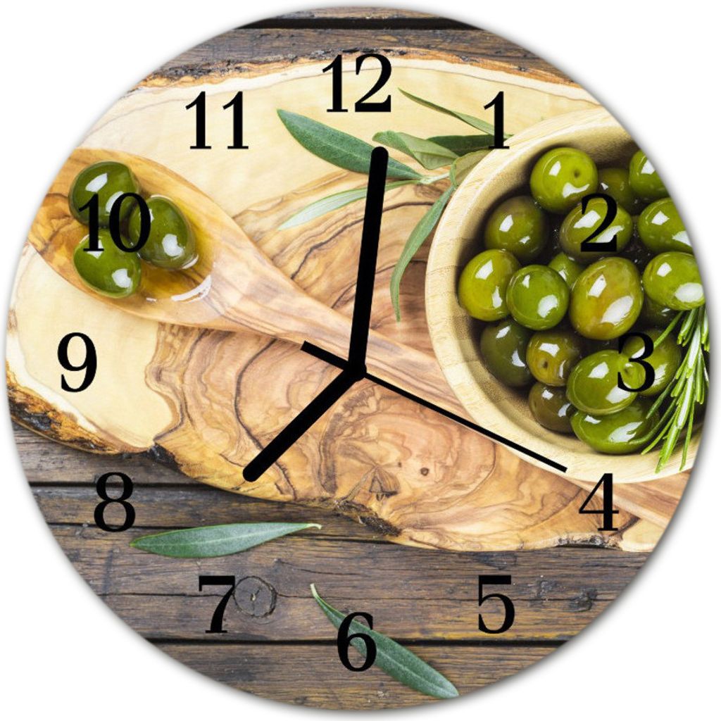 Glasuhr Wanduhr Küchenuhr Echt-Glas 30fi cm Oliven Holz braun grün