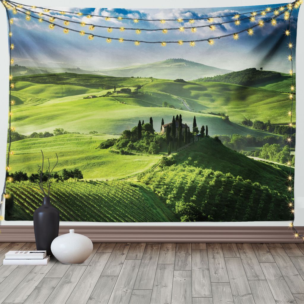 ABAKUHAUS Landschaft Wandteppich, Sonnenaufgang im Tal, Wohnzimmer Schlafzimmer Wandtuch Seidiges Satin Wandteppich, 150 x 100 cm, Grün blau