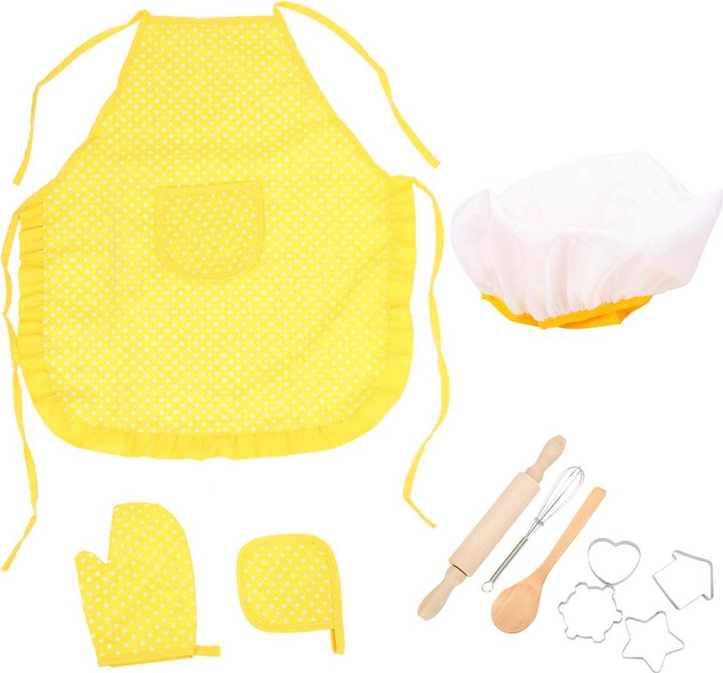11-teiliges Rollenspielset, Küchenkostüm, Schürze, Kochmütze, Ofenhandschuh, Ausstechformen, Kuchen-Backset für Kinder ab 3 Jahren (gelb)