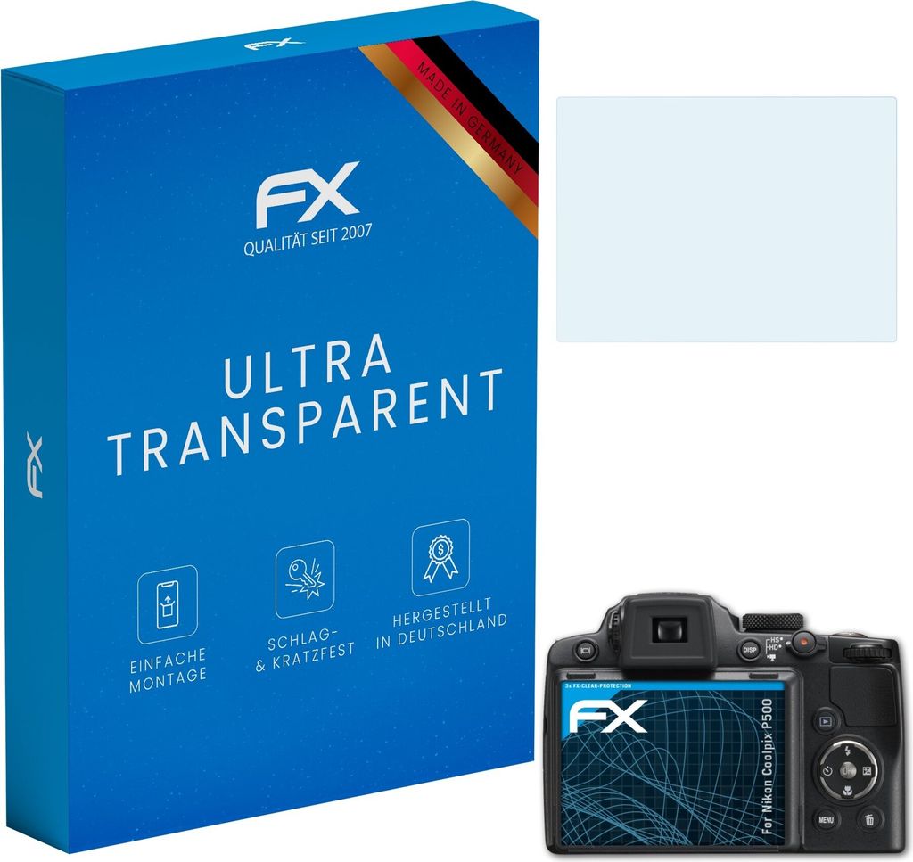 atFoliX FX-Clear 3x Schutzfolie kompatibel mit Nikon Coolpix P500 Displayschutzfolie