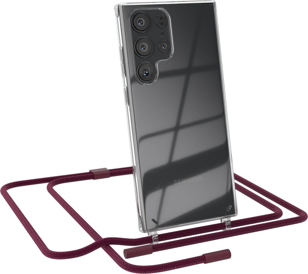 EAZY CASE Handykette für Samsung Galaxy S23 Ultra, Clear Case aus Silikon, mit Umhängeband, abnehmbare Endstücke, Handyband in Rot