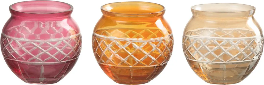 Set de 3 bougeoirs ronds en verre J-Line motif feuilles coloris mix