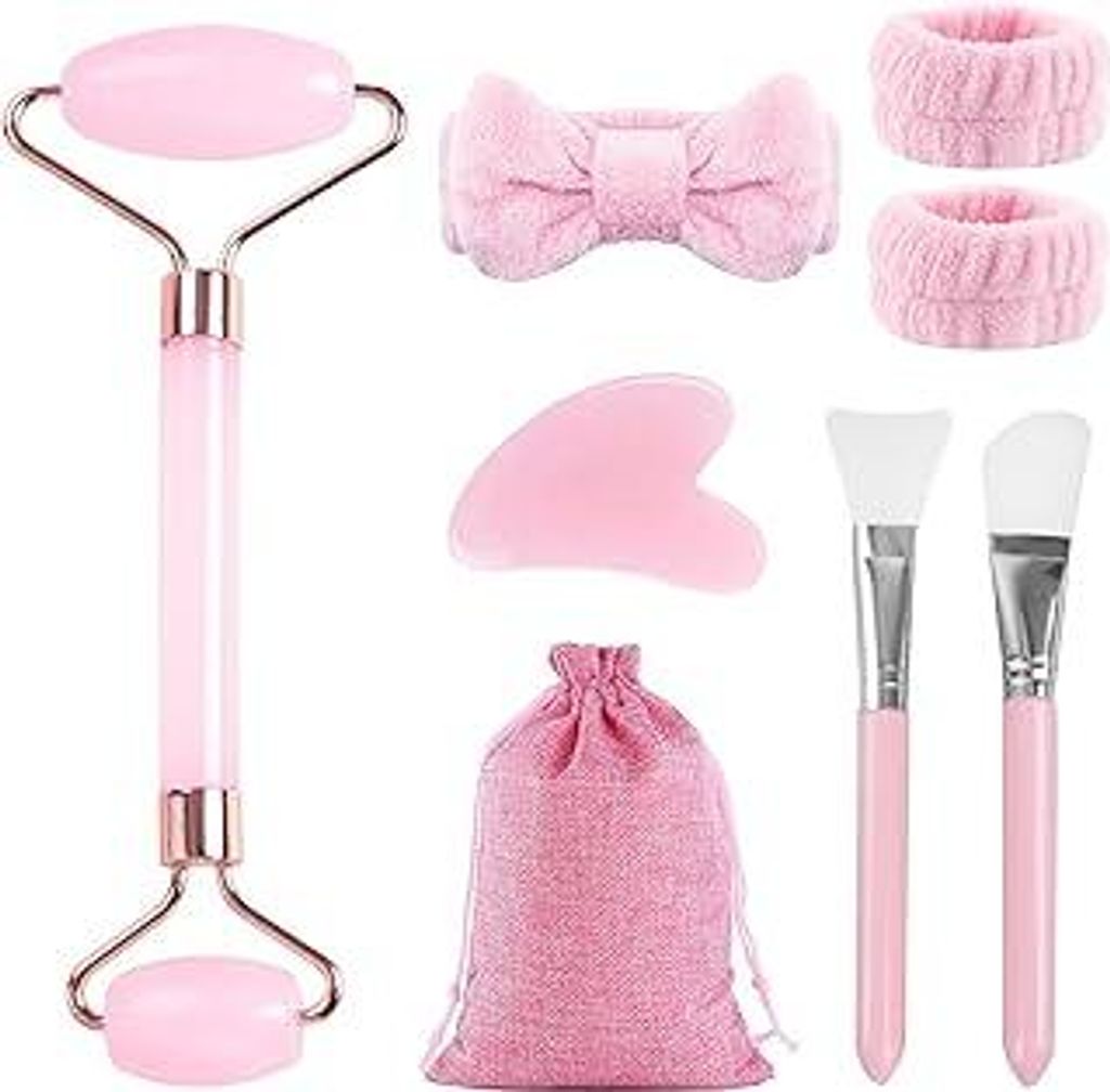 Yuaerbuo 8 Stück Gua Sha Stein and Face Jade Roller Set, Gesichtsmassage Stein Set Natürlicher Jade Roller Gesicht Hochwertig Face Rollers Massag...