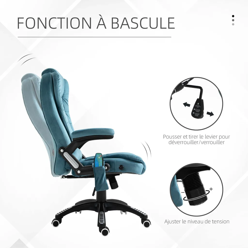 Fauteuil de bureau massant et chauffant en tissu bleu avec télécommande - 7
