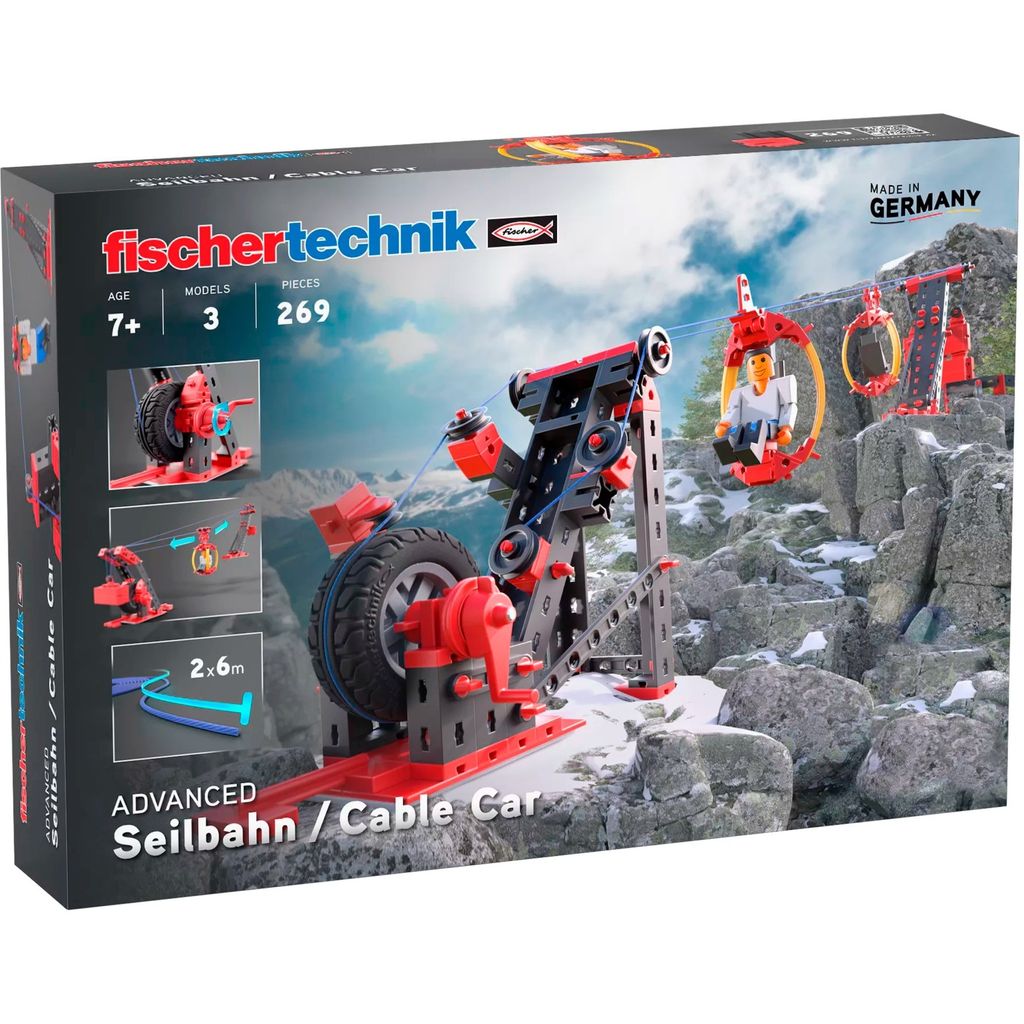 A box of a fischertechnik cable car construction toy set, showing the assembled model and illustrations of its features.