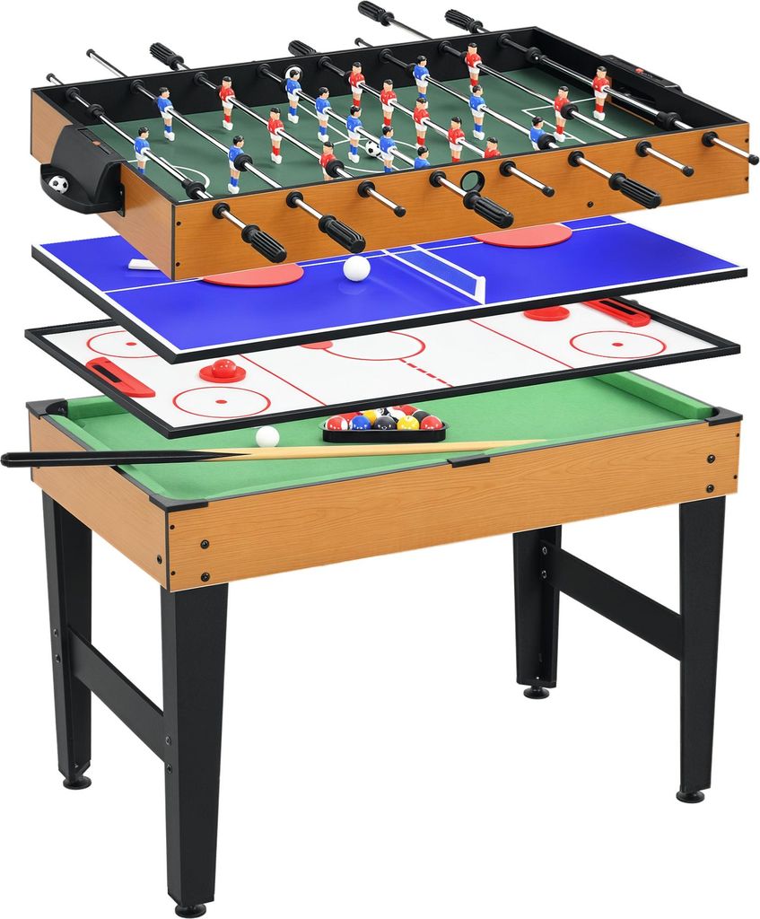 HOMCOM 4 in 1 Multigame Spieletisch, Partyspieltisch mit Tischtennis, Kicker, Billard, Tischhockey, für Multiplayer-Spaß, Stahl, Naturholz+Schwarz
