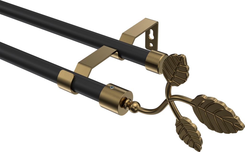 Interdeco Gardinenstange / Vorhangstange Schwarz / Messing Antik, Typ Olymp Alessia (Blatt), 16 mm Ø 2-läufig, 140 cm