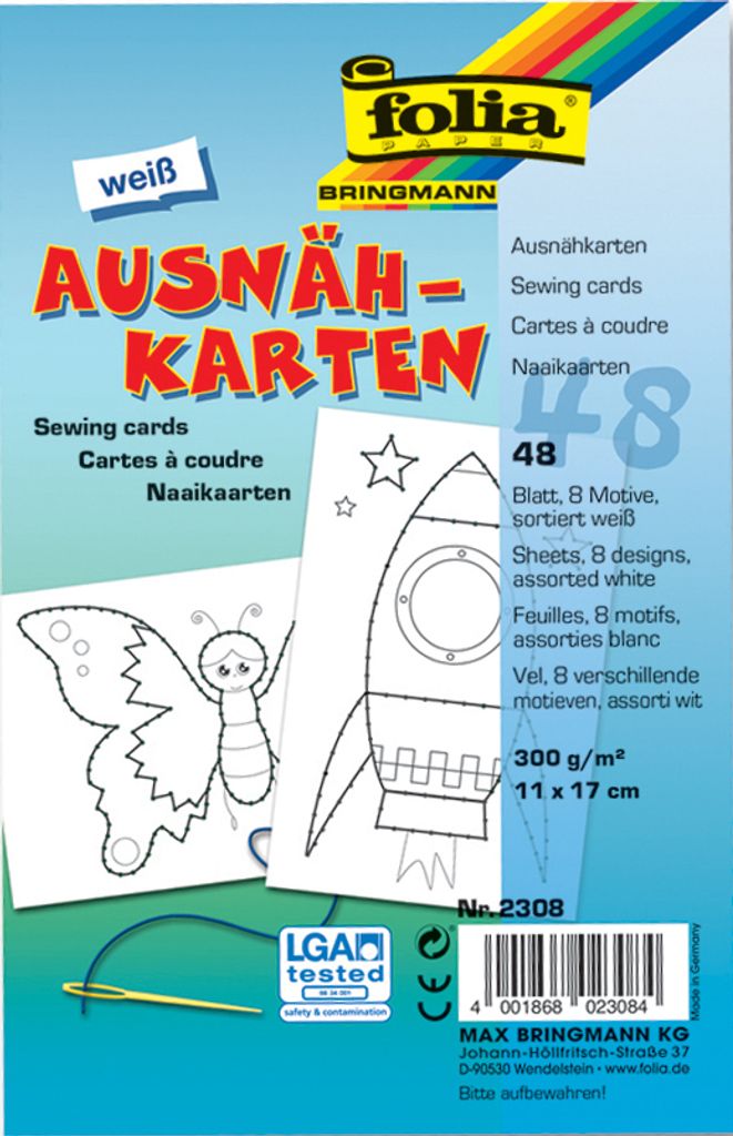 The back of a product package for sewing cards, showing examples of the designs and product details.