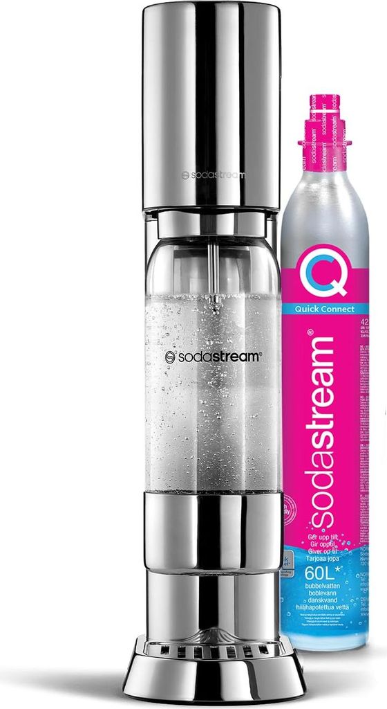A SodaStream Enso metall Standard Pack water carbonator and a CO2 cylinder.