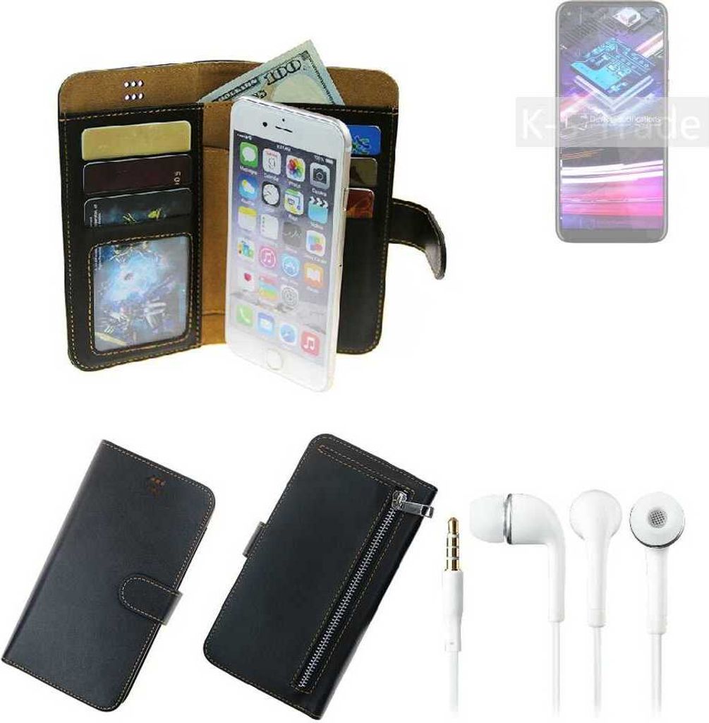 TOP SET Handy Hülle Schutz Hülle kompatibel mit Motorola Moto G Fast schwarz aus Kunstleder + Kopfhörer Smartphone Tasche vollwertige Geldbörse