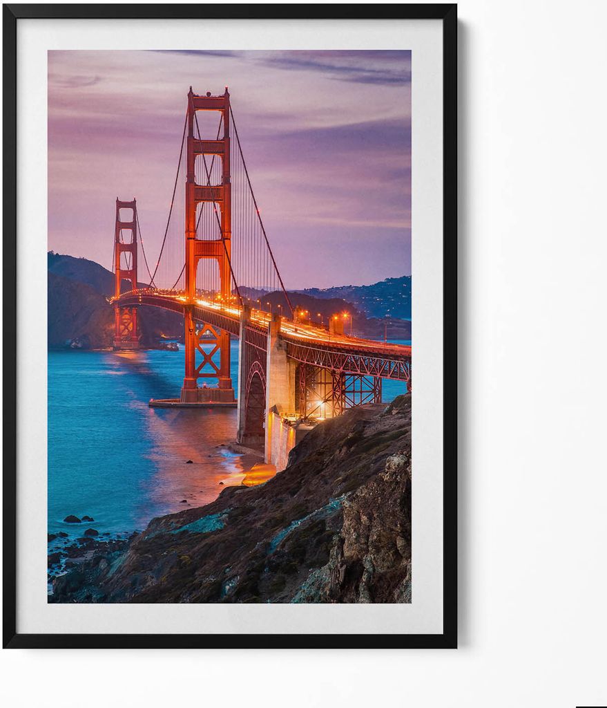 Golden Gate Bridge San Francisco– Wandbild mit Rahmen – Gerahmtes Bild – Wanddekoration – 70x100 cm – Schwarz Rahmen