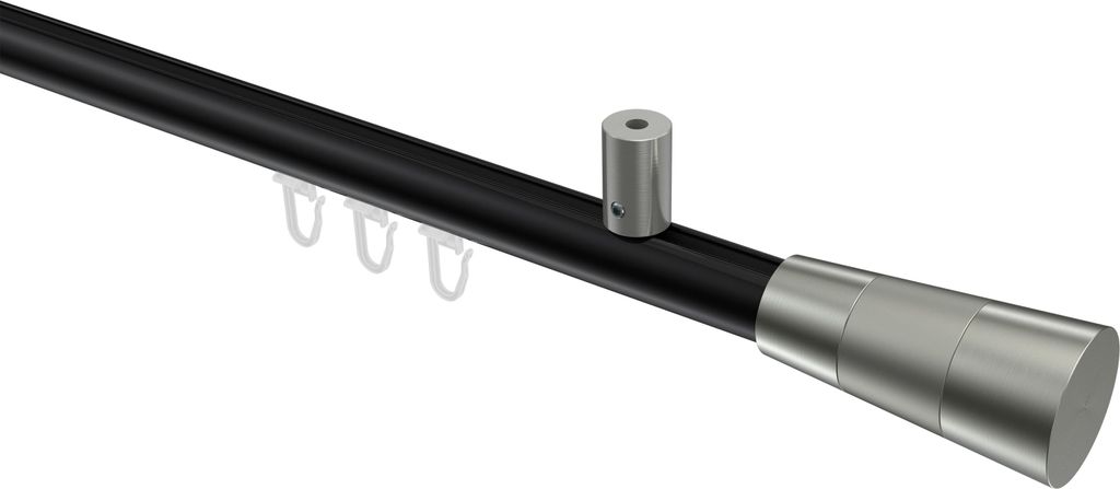 Interdeco Innenlaufstange / Gardinenstange mit Innenlauf Schwarz / Edelstahl-Optik, Typ Sonius Tanara (Konus Bicolor) Deckenmontage, 20 mm Ø 1-lä...