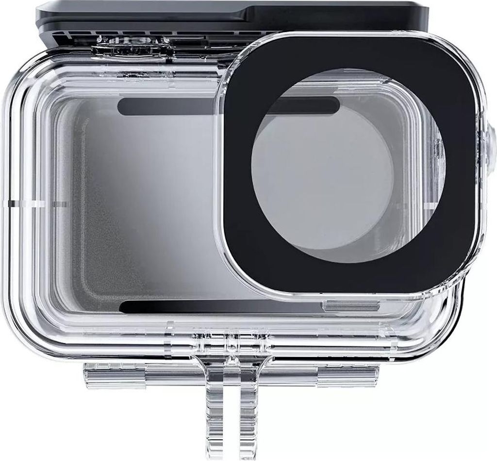 A clear, front-facing studio shot of a waterproof case for a camera.