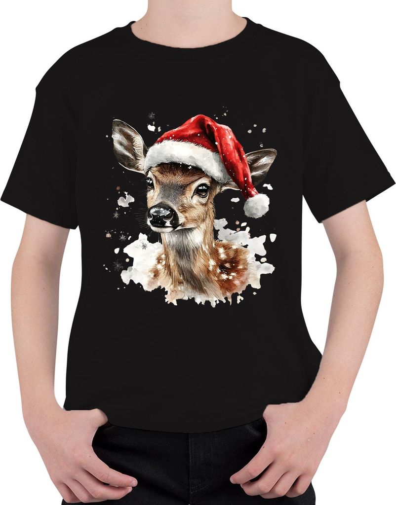 Weihnachten Rehkitz Aquarell Santa niedlich Winter Geschenk Uni Kinder T-Shirt, Schwarz, 104