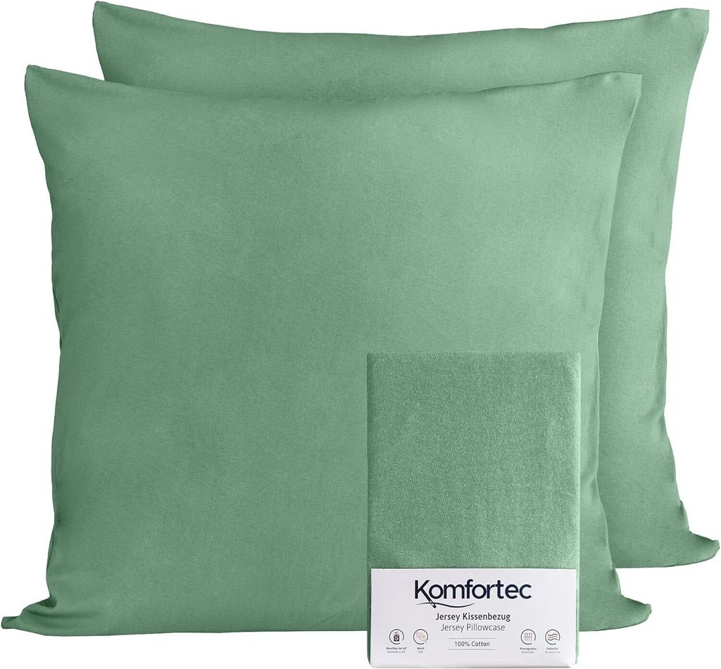 Komfortec 100% Baumwolle Kissenbezüge 2er Set 40x40 cm, Superweicher Premium Jersey Kopfkissenbezug 150 g/m², Kissenhülle, Grün