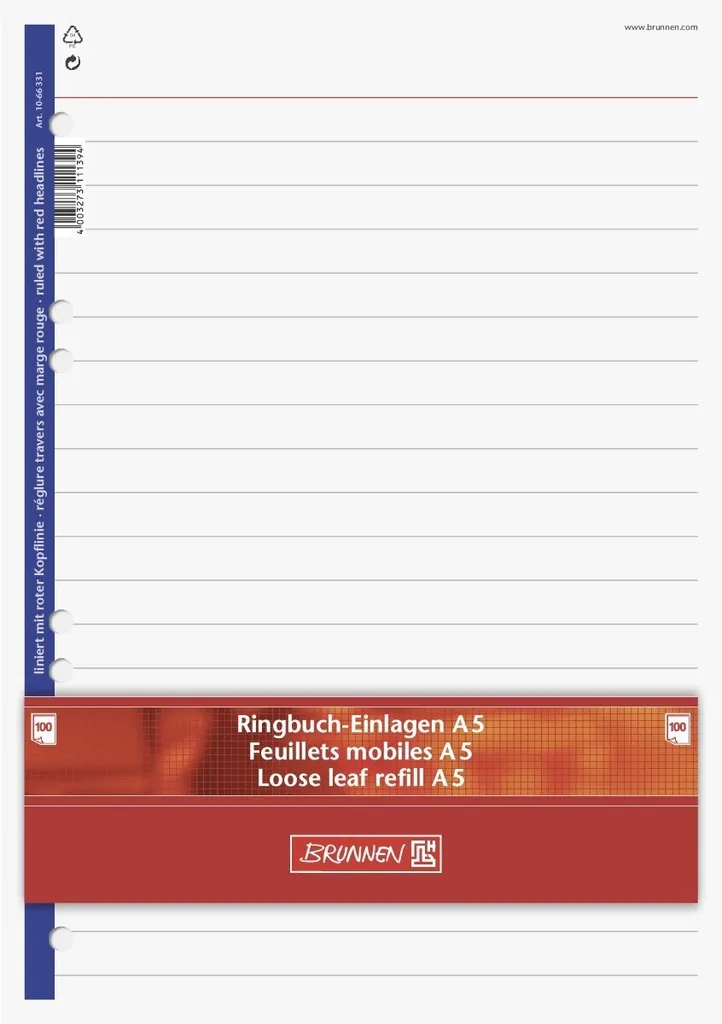 Pochettes A5 lignées perforées - Papier premium 90g pour classeur 6 trous