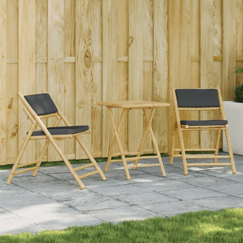 Design 3-tlg. Bistro-Set Klappbar mit Dunkelgrauen Kissen Bambus, Gartenmöbel-Sets 2024 Neu
