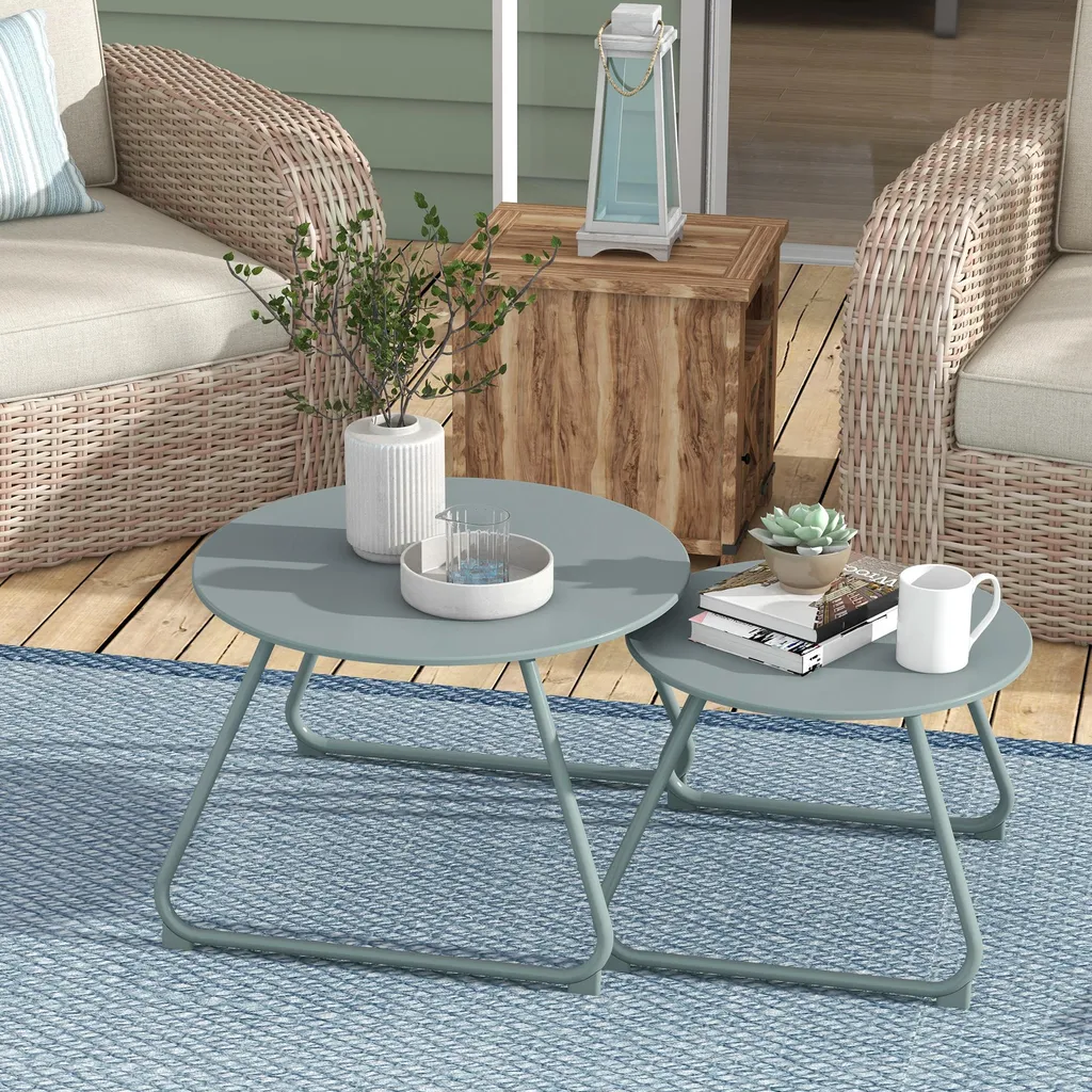 Lot de 2 tables basses gigognes de jardin en métal bleu époxy stables - 9