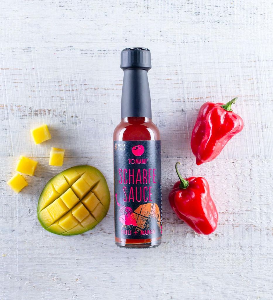TOMAMI Scharfe Sauce CHILI+MANGO (90 ml)・Habanero-Chilisauce mit Mango・Feurig scharf, leicht fruchtig
