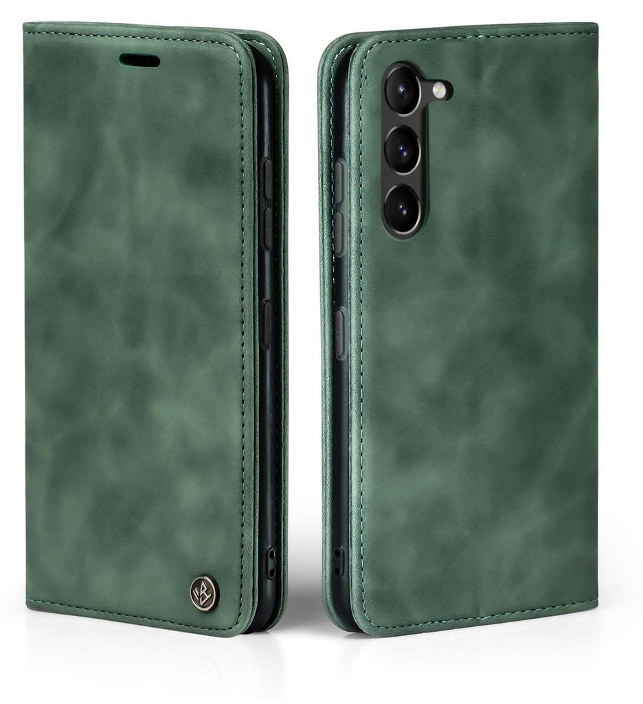 A green flip case for a Samsung Galaxy S23+ phone, shown from two angles.
