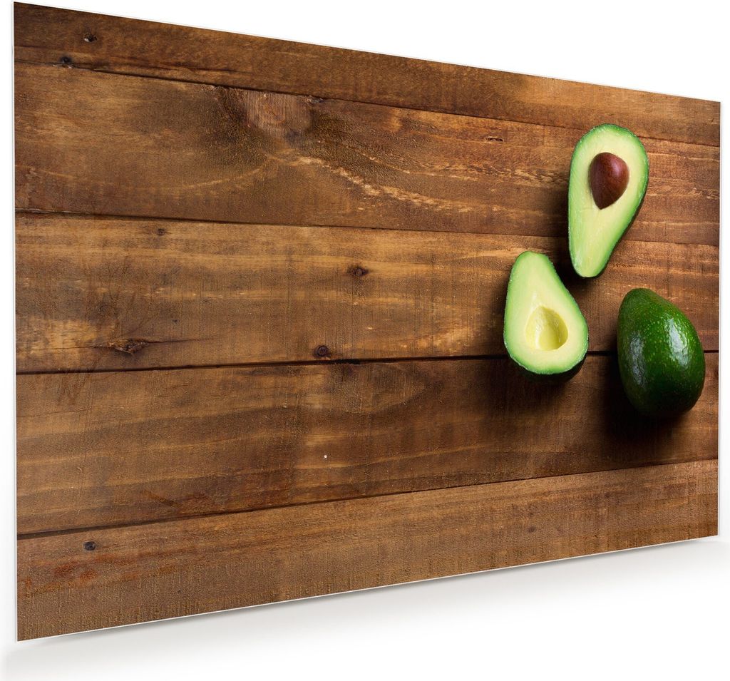 Glasbild Wandbild Avocado auf Holztisch 75x50cm in XXL für Wohnzimmer, Schlafzimmer, Badezimmer, Flur