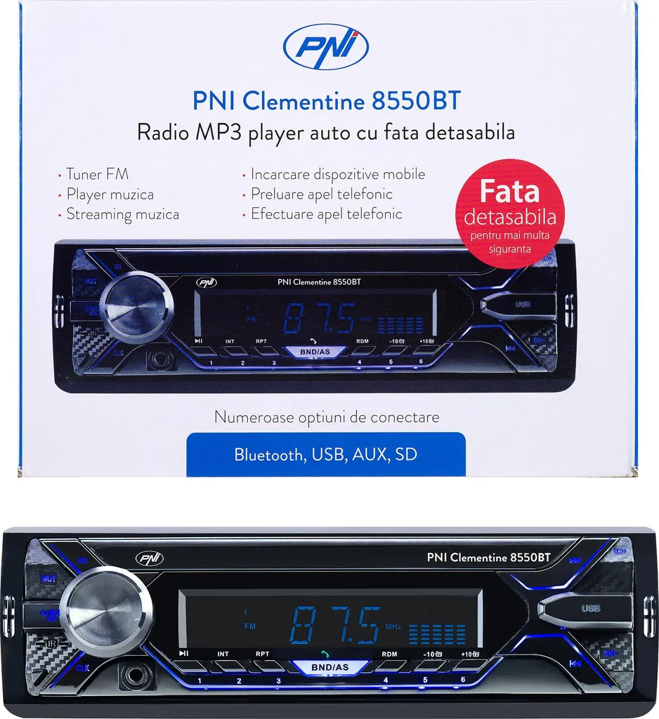 Autoradio Bluetooth PNI Clementine 8550BT 1DIN Façade Amovible et USB