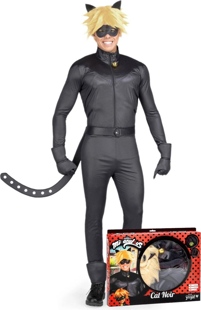 A person wearing a Cat Noir costume, standing in front of a white background, with the product packaging at their feet.