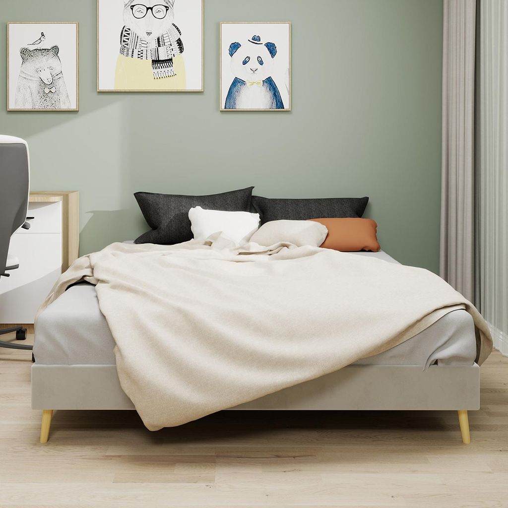 Sweiko Modern minimalist bed frame, 160x200CM, beige, Dutch velour fabric, low box, modern style bedroom furniture, excluding gas lift rod, excludi...