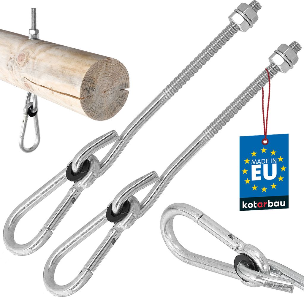 KOTARBAU 2 St. Schaukelhaken M10x195mm mit Karabinerhaken & Holzgewinde Schraubhaken für Holzbalken Haken für Boxsack & Hängesessel verzinkter...