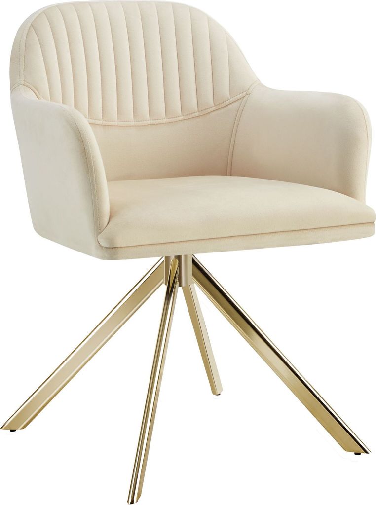 A cream-colored velvet swivel chair with a gold metal base, photographed against a white background.