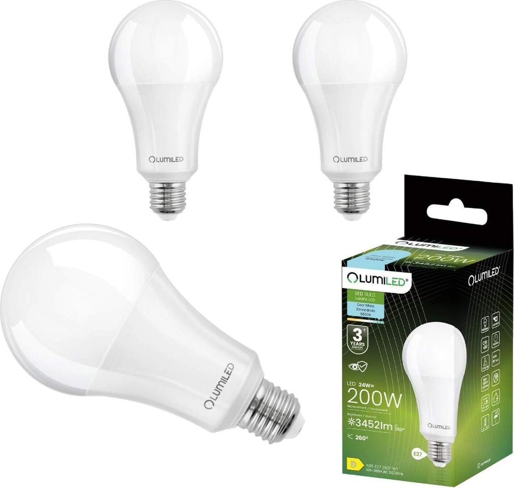 LUMILED A95 E27 LED Lampen, 3 Stück 24W (ersetzt 200W) 3452 lm 9,5 x 17 cm LED Leuchtmittel 6500K Kaltweiß 260° 3er - Pack Birnen Lampe Glühbirne
